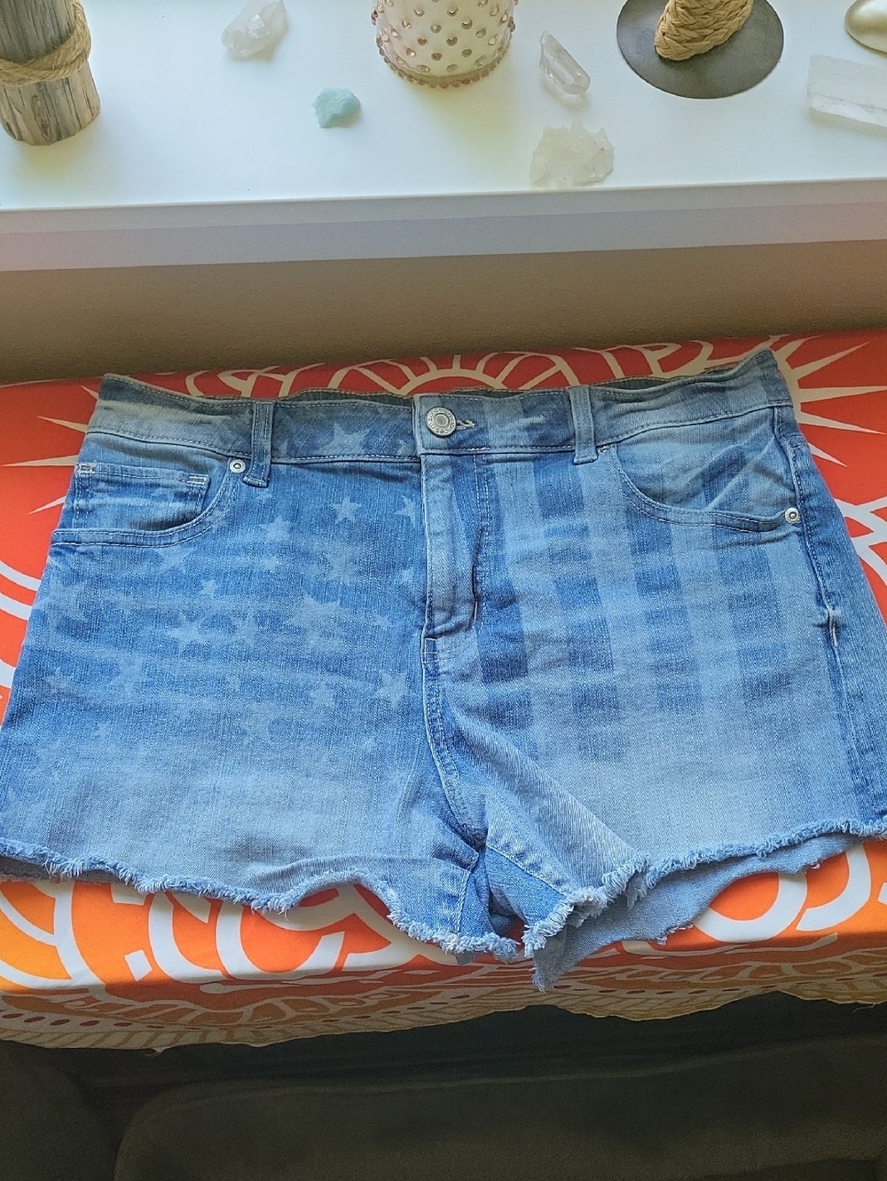 High Rise Jean Shorts With Distressed Flag